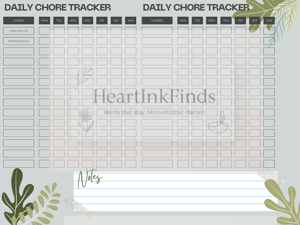 🌿 Olive Green Organic Floral Chore Chart.